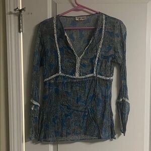 Paisley Lace-Trim V-Neck Blouse - Blue